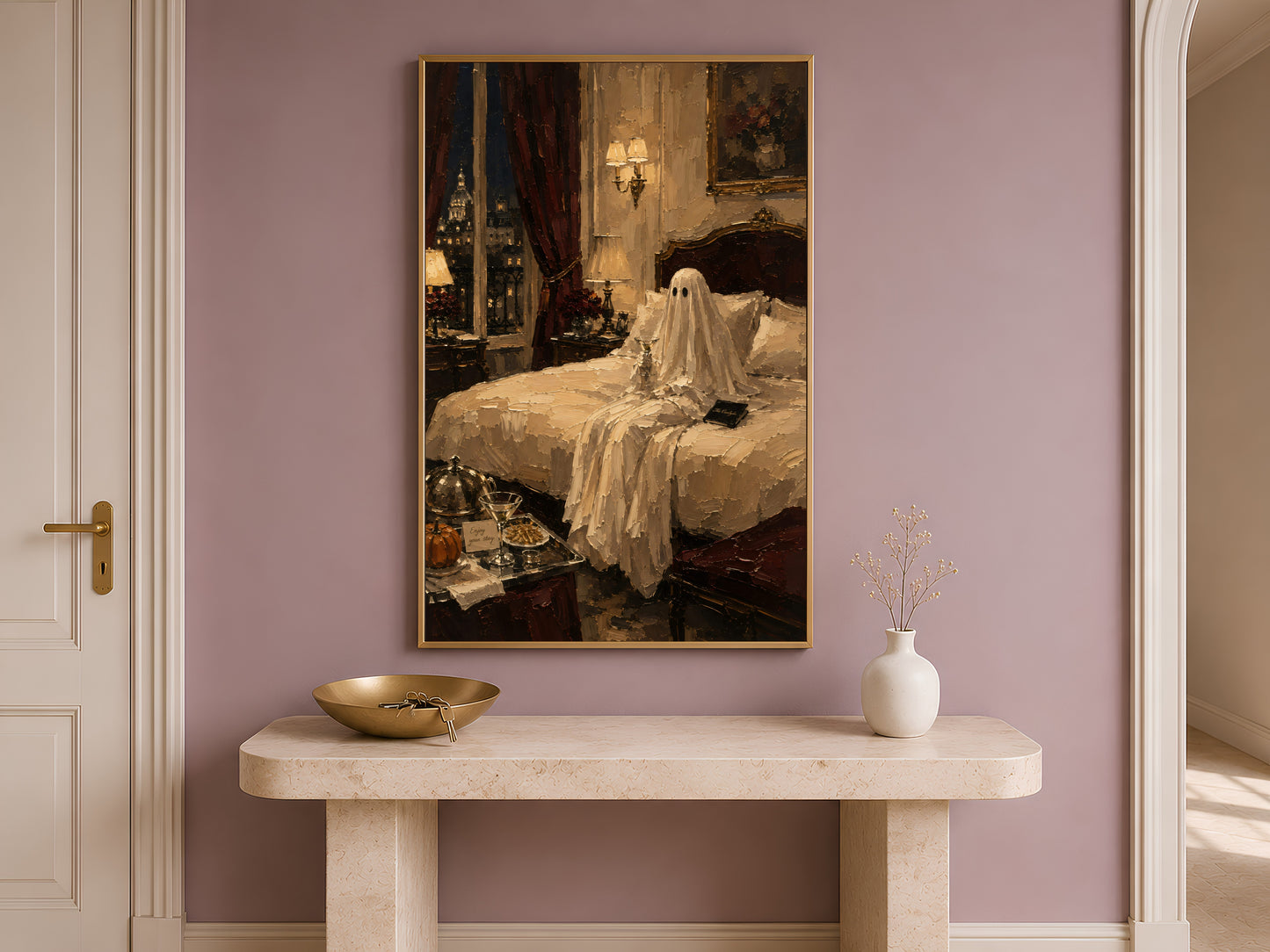 Entryway with the luxury hotel Halloween print above a console table, styled with a bowl and small vase