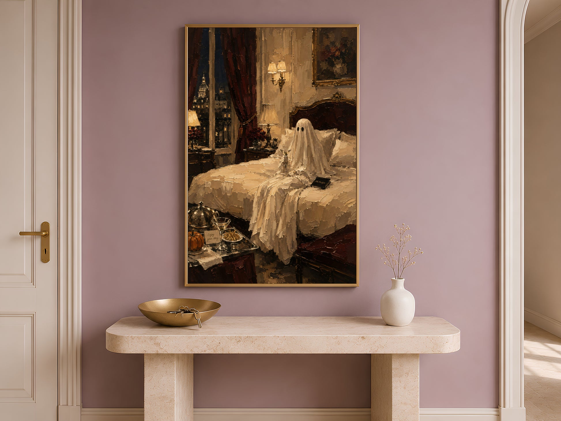 Entryway with the luxury hotel Halloween print above a console table, styled with a bowl and small vase