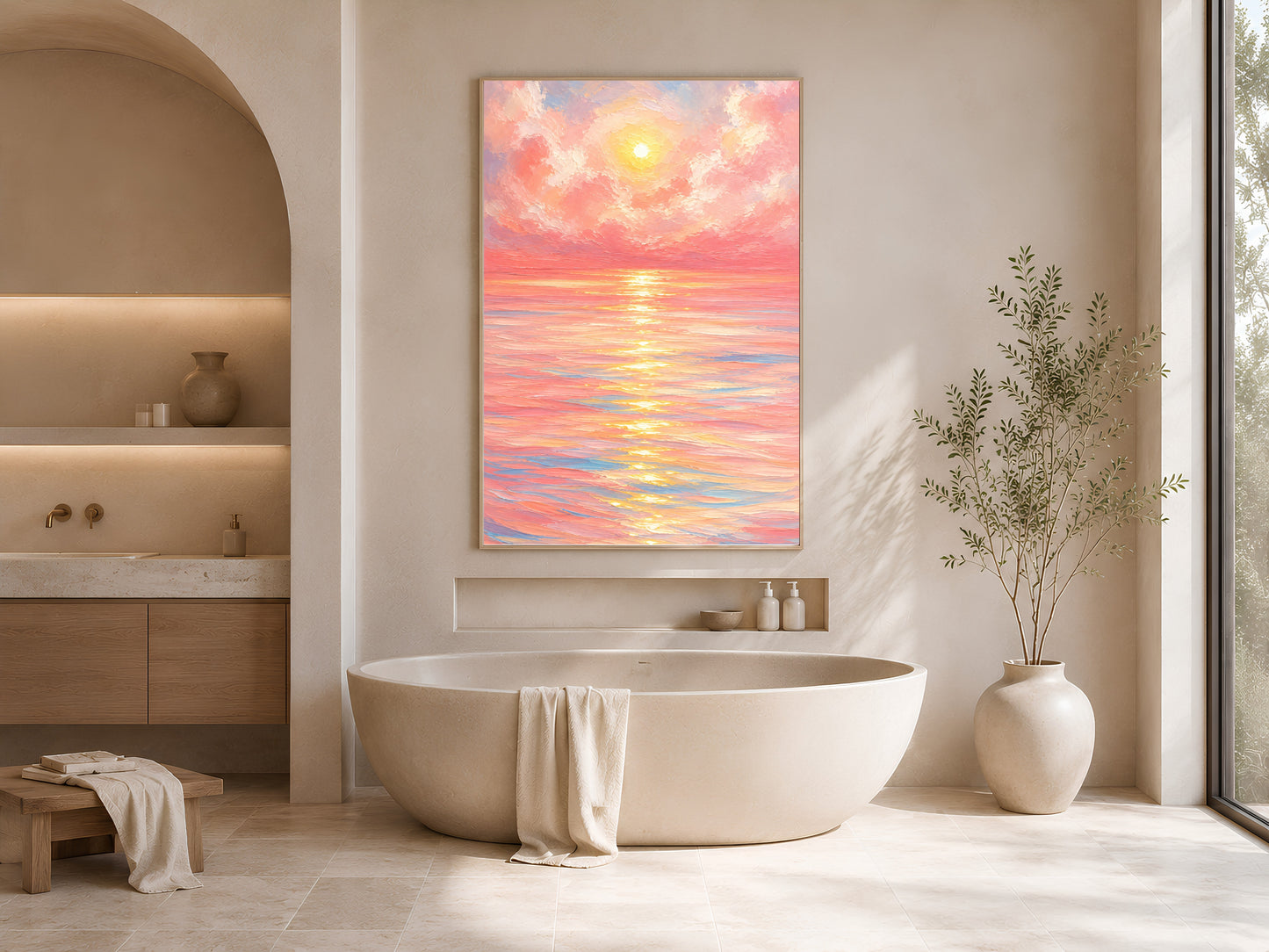 Framed impasto pink sunset ocean print on white wall in minimal bathroom beside freestanding soaking tub and tall vase
