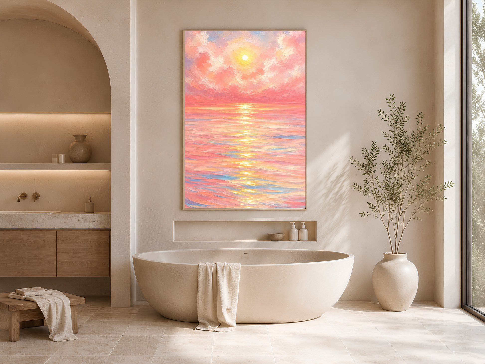 Framed impasto pink sunset ocean print on white wall in minimal bathroom beside freestanding soaking tub and tall vase
