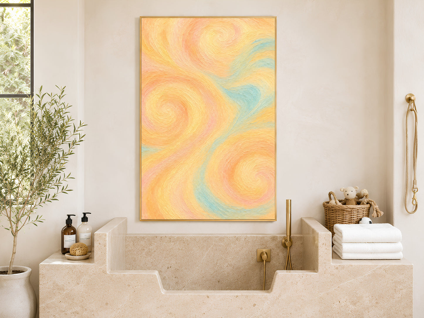 Butter yellow abstract swirl wall art framed above a stone bathroom sink