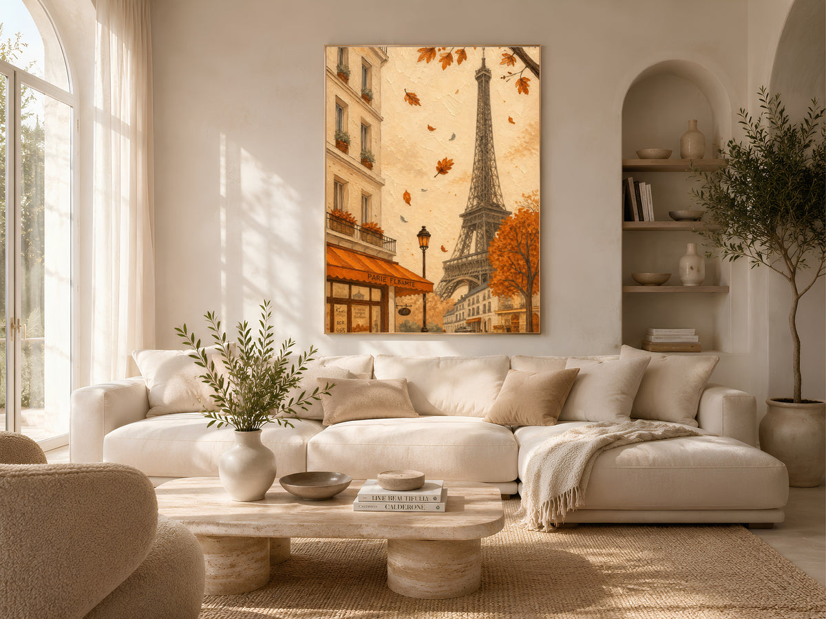 Paris cafe autumn wall art with Eiffel Tower above a neutral boucle sofa