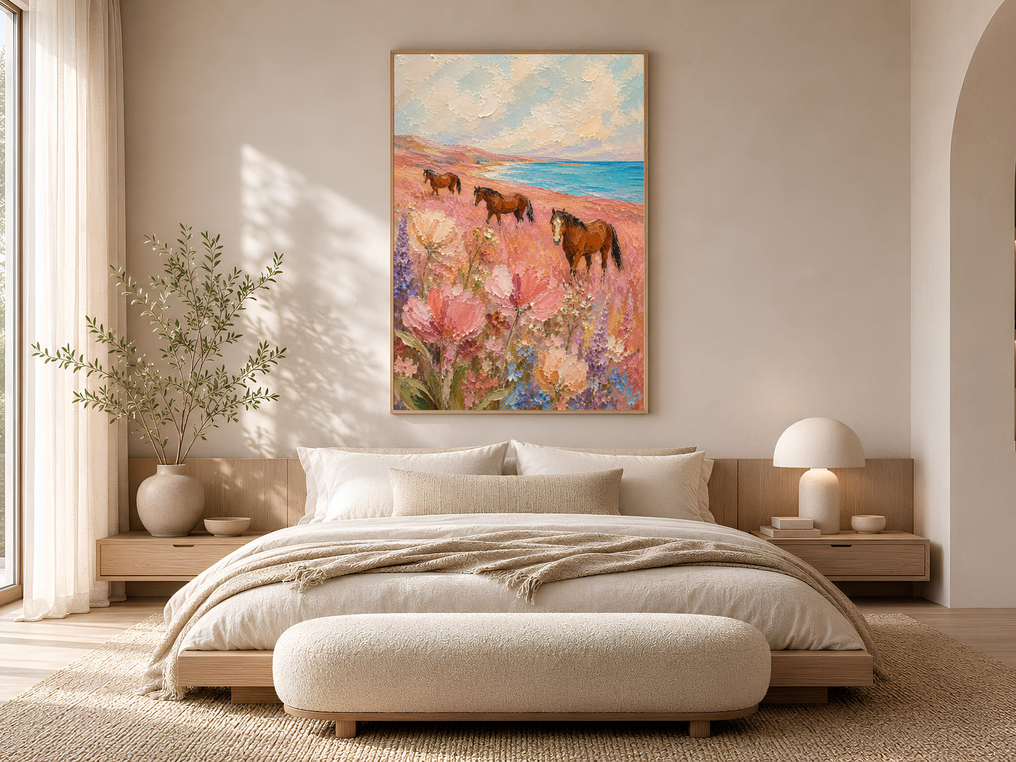Three chestnut horses in a pink wildflower coastal meadow impasto painting in a gold frame displayed in a warm neutral bedroom with a low platform bed, linen bedding, and soft natural light
