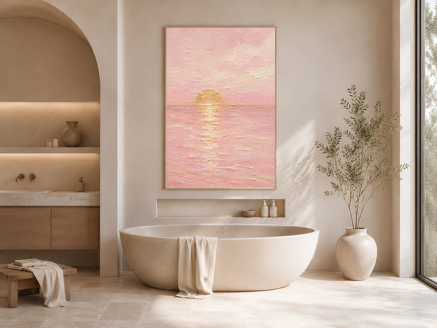 Pink sunset wall art print framed above a freestanding tub in a neutral spa-style bathroom.
