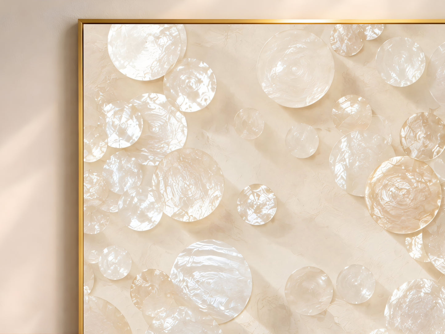 Close-up detail of iridescent capiz shell mosaic print texture in ivory, champagne, and cream tones
