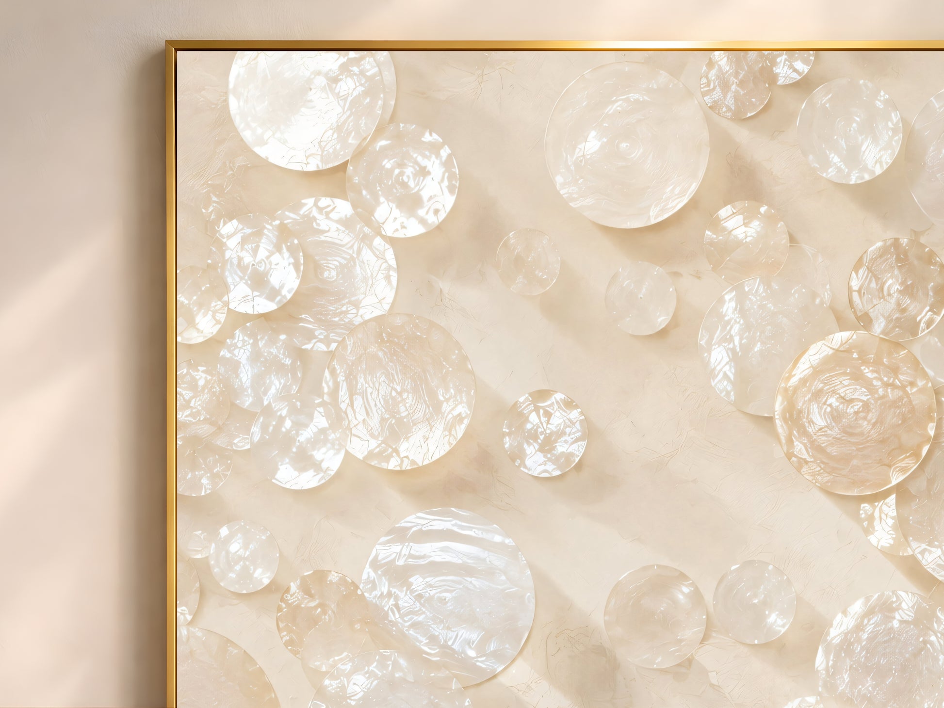 Close-up detail of iridescent capiz shell mosaic print texture in ivory, champagne, and cream tones
