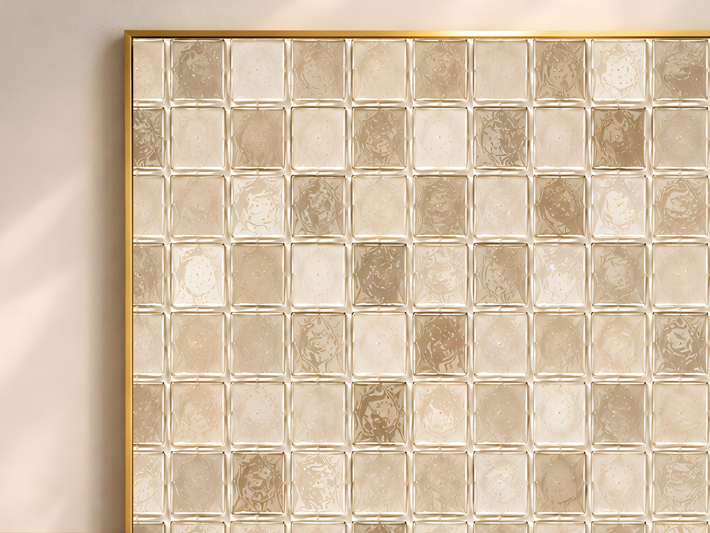 Close-up of cream and beige glass mosaic tile pattern wall art print in a thin gold frame
