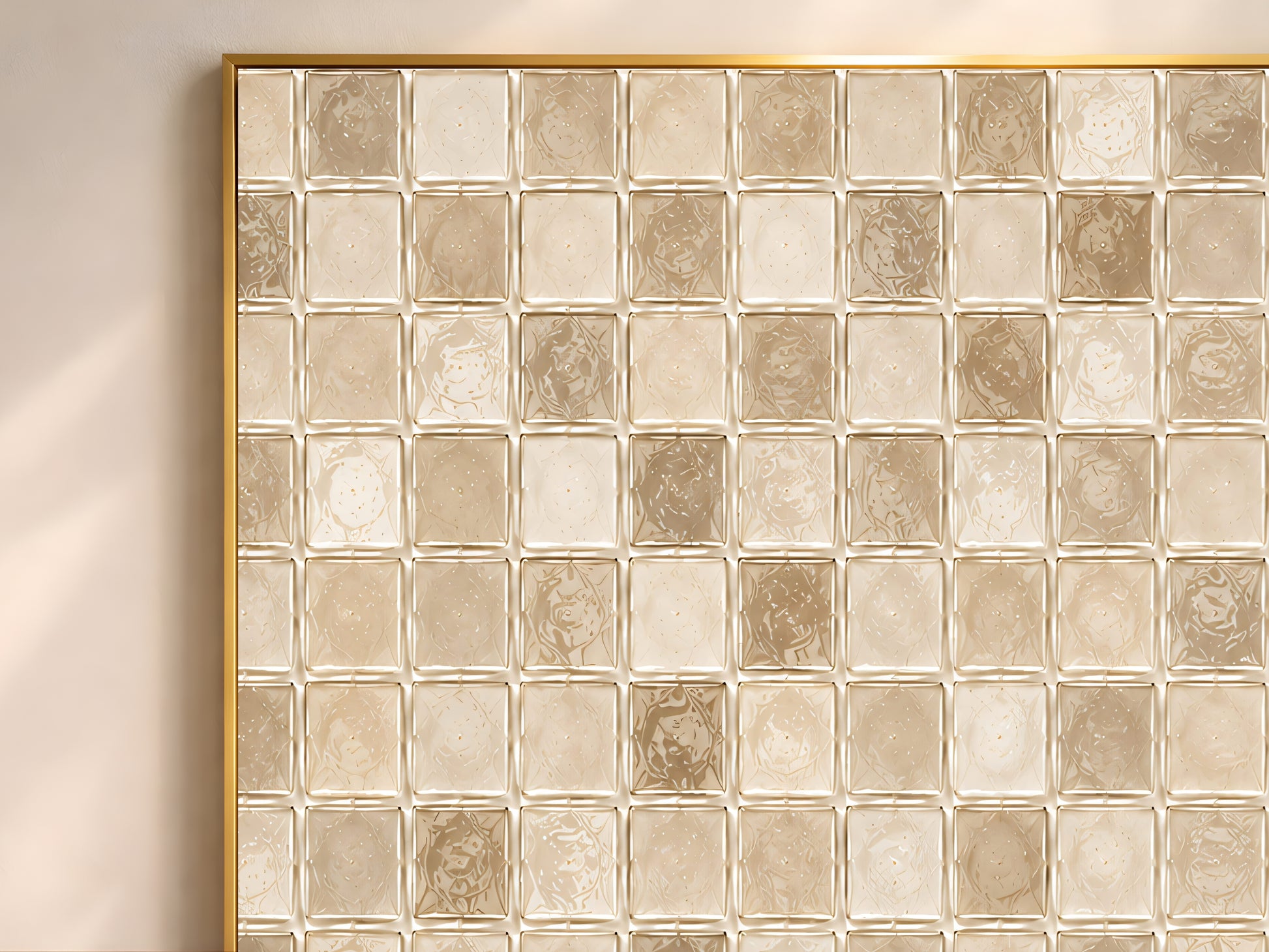 Close-up of cream and beige glass mosaic tile pattern wall art print in a thin gold frame
