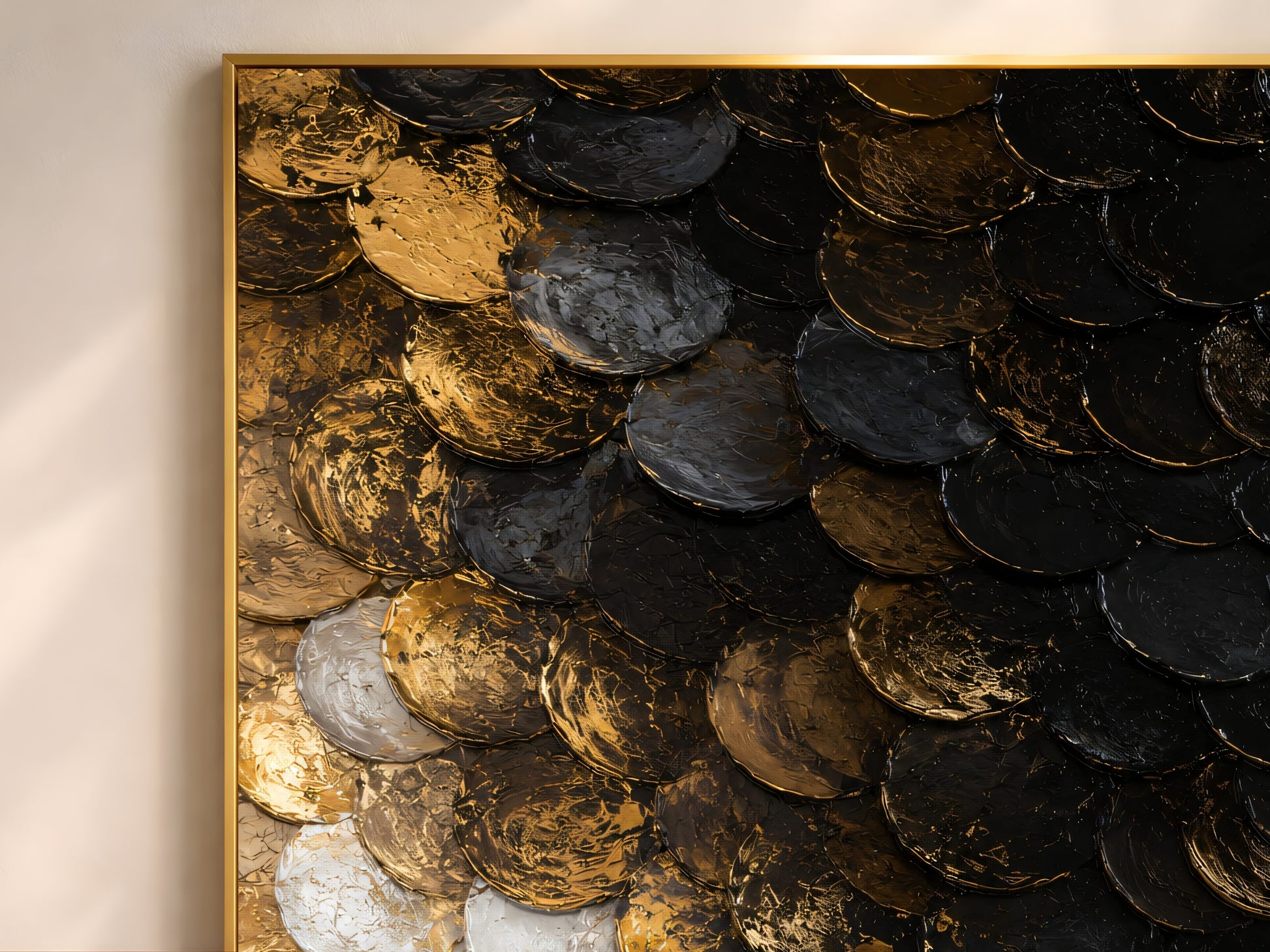 Black gold capiz shell print in bedroom with arched built-in shelving
