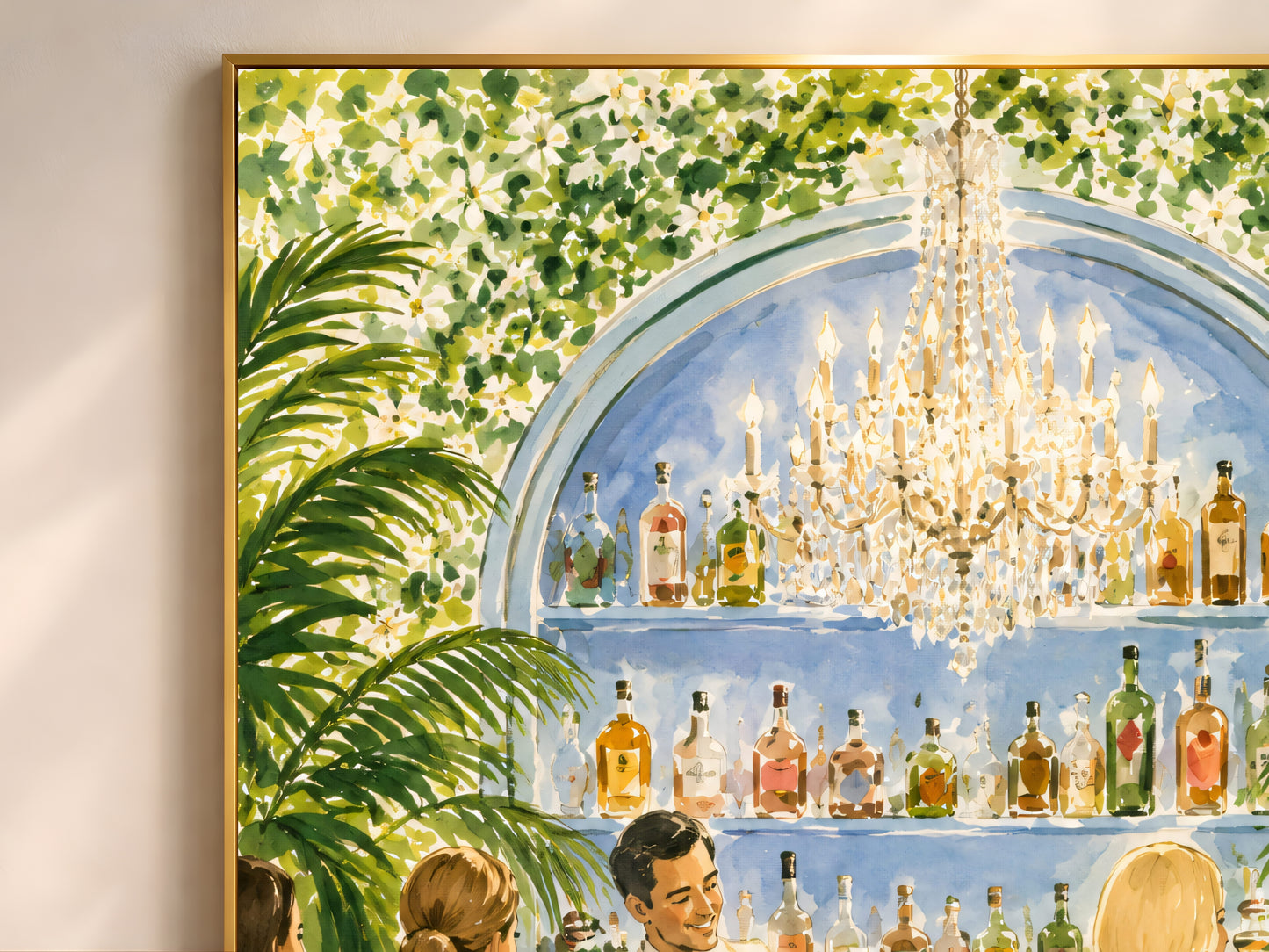 Close-up of watercolor cocktail party wall art print showing bartender and gowned guests under a chandelier.

