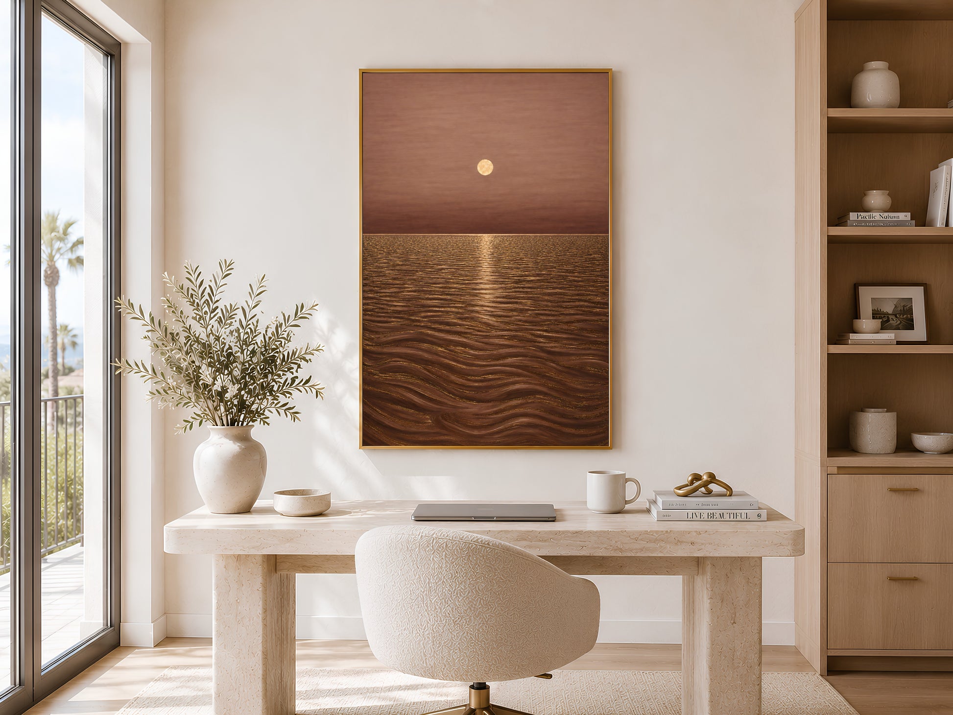 Golden moon ocean wall art above home office desk with bookshelf and window
