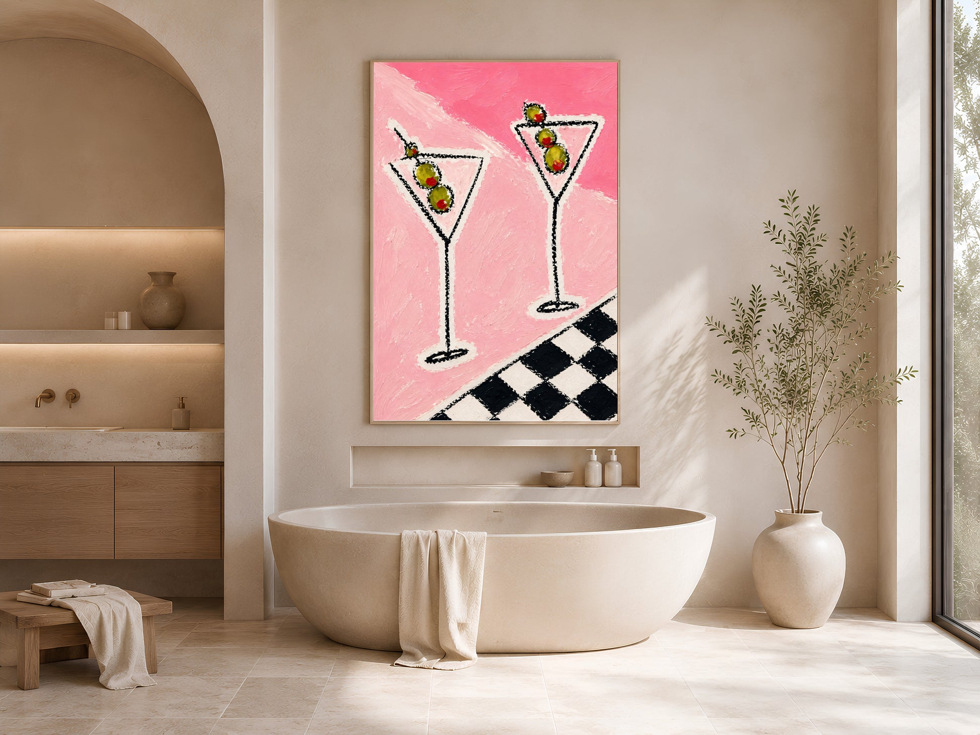 Framed impasto martini print on warm white wall in minimal bathroom beside freestanding soaking tub with arch doorway
