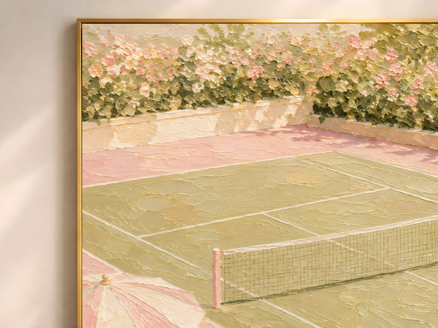 Close-up of textured impasto pink tennis court painting showing umbrellas and brushstroke detail
