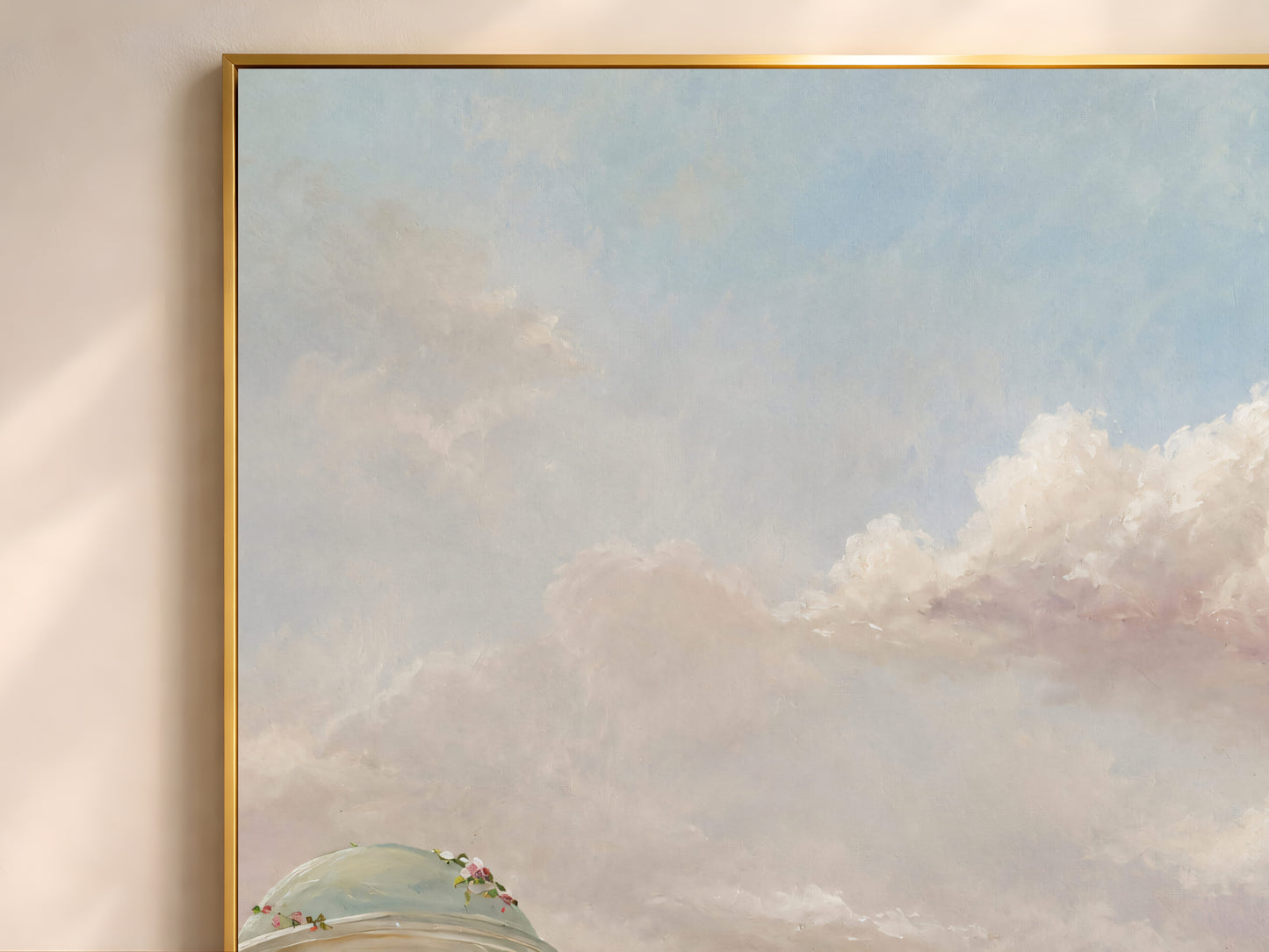 Close-up of romantic coastal garden painting, soft pink clouds and sea detail on textured canvas