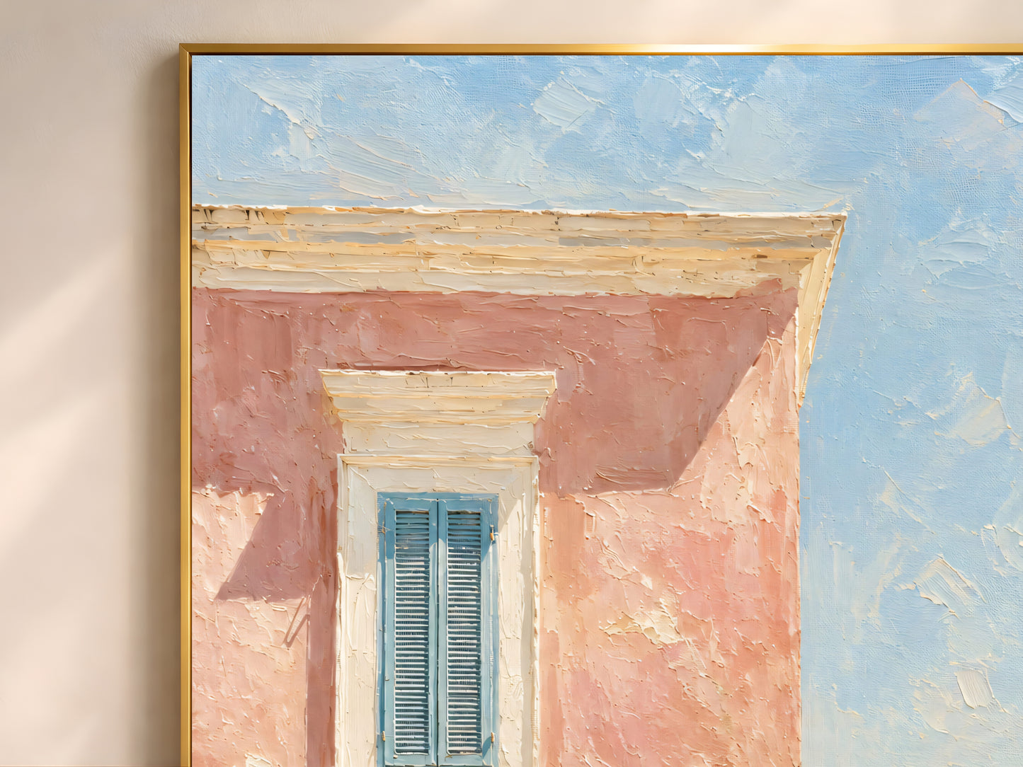 Close-up of textured impasto oil painting detail showing a weathered pink house facade, blue window shutters, and warm cream trim