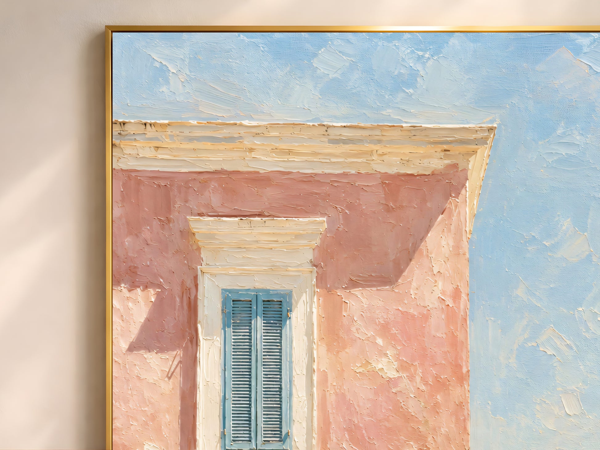 Close-up of textured impasto oil painting detail showing a weathered pink house facade, blue window shutters, and warm cream trim