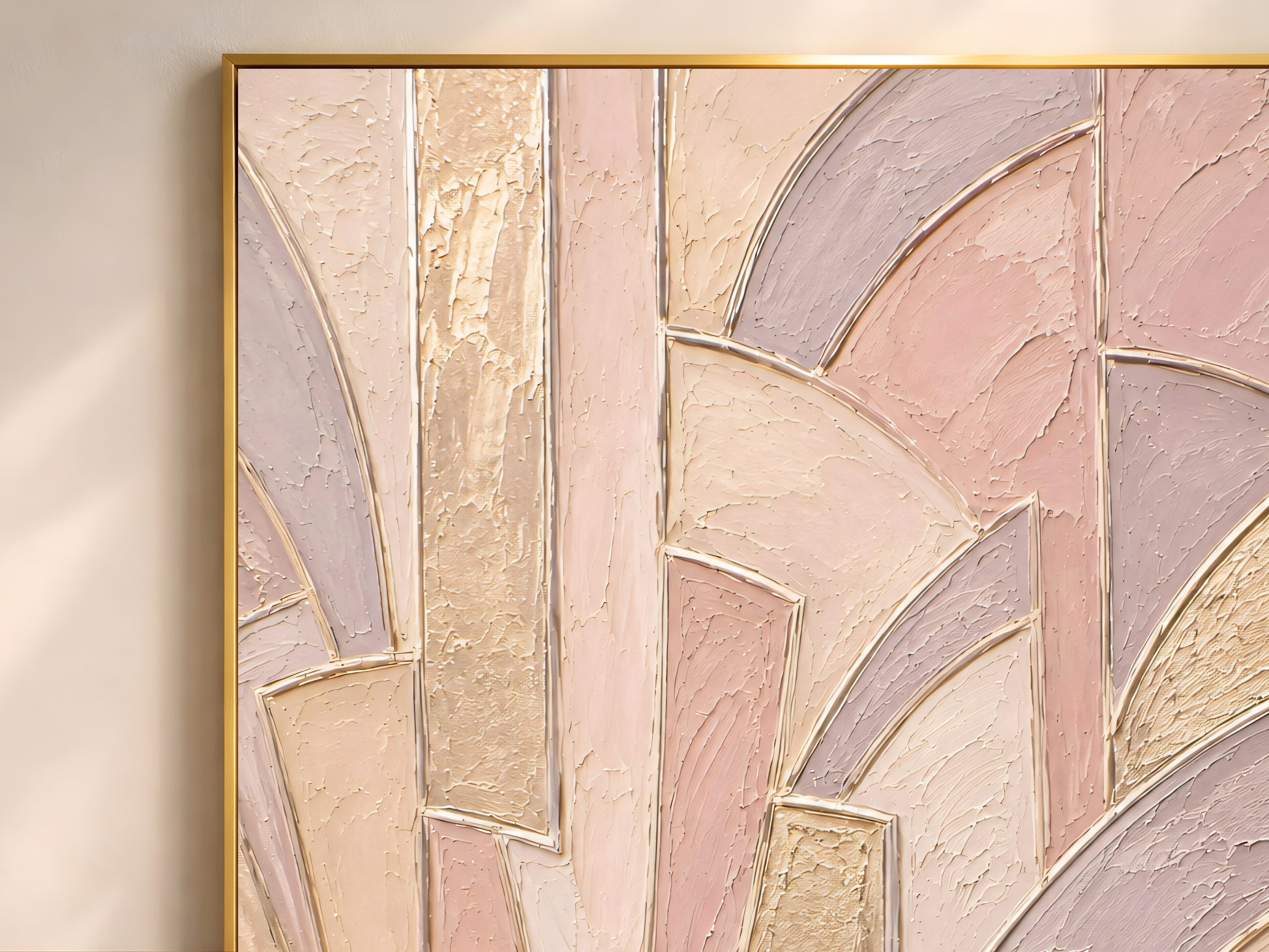 Close-up of textured impasto art deco sunburst painting showing gold leaf and brushstroke detail
