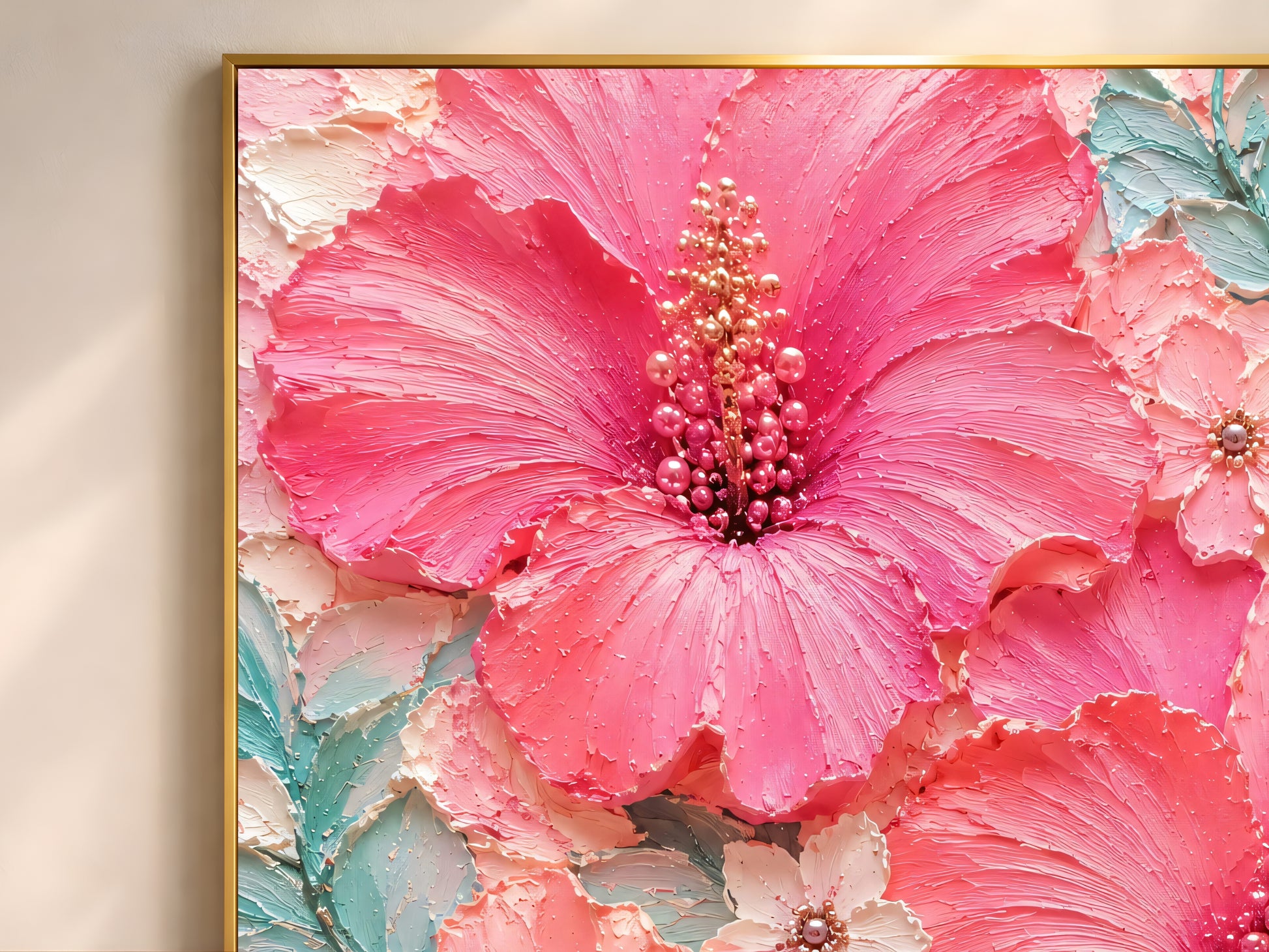 Close-up of textured impasto hibiscus painting with pearl centers and teal leaves
