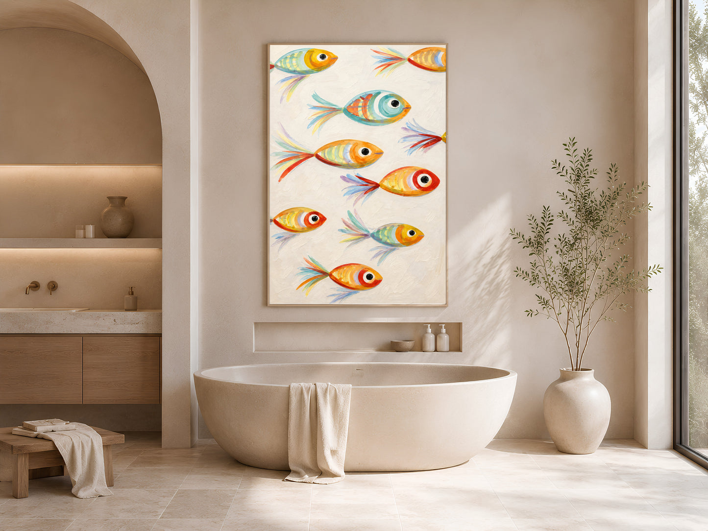 Framed impasto whimsical fish print on white wall in minimal bathroom with arch window, freestanding tub, and tall vase

