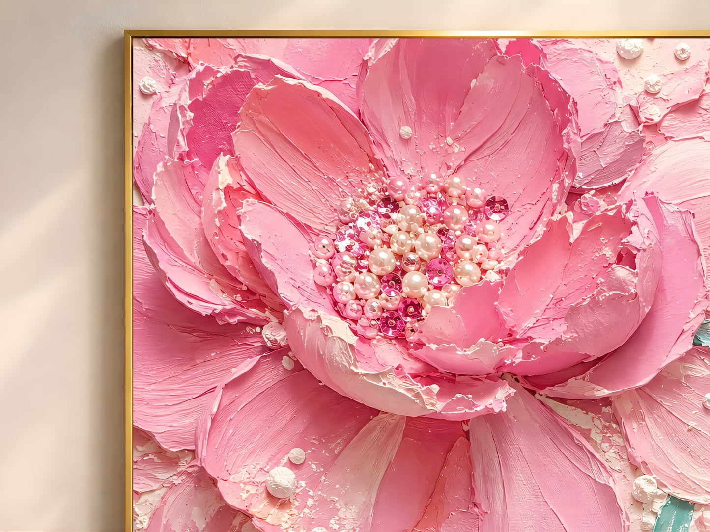Close-up of textured impasto peony painting with pearl and crystal centers
