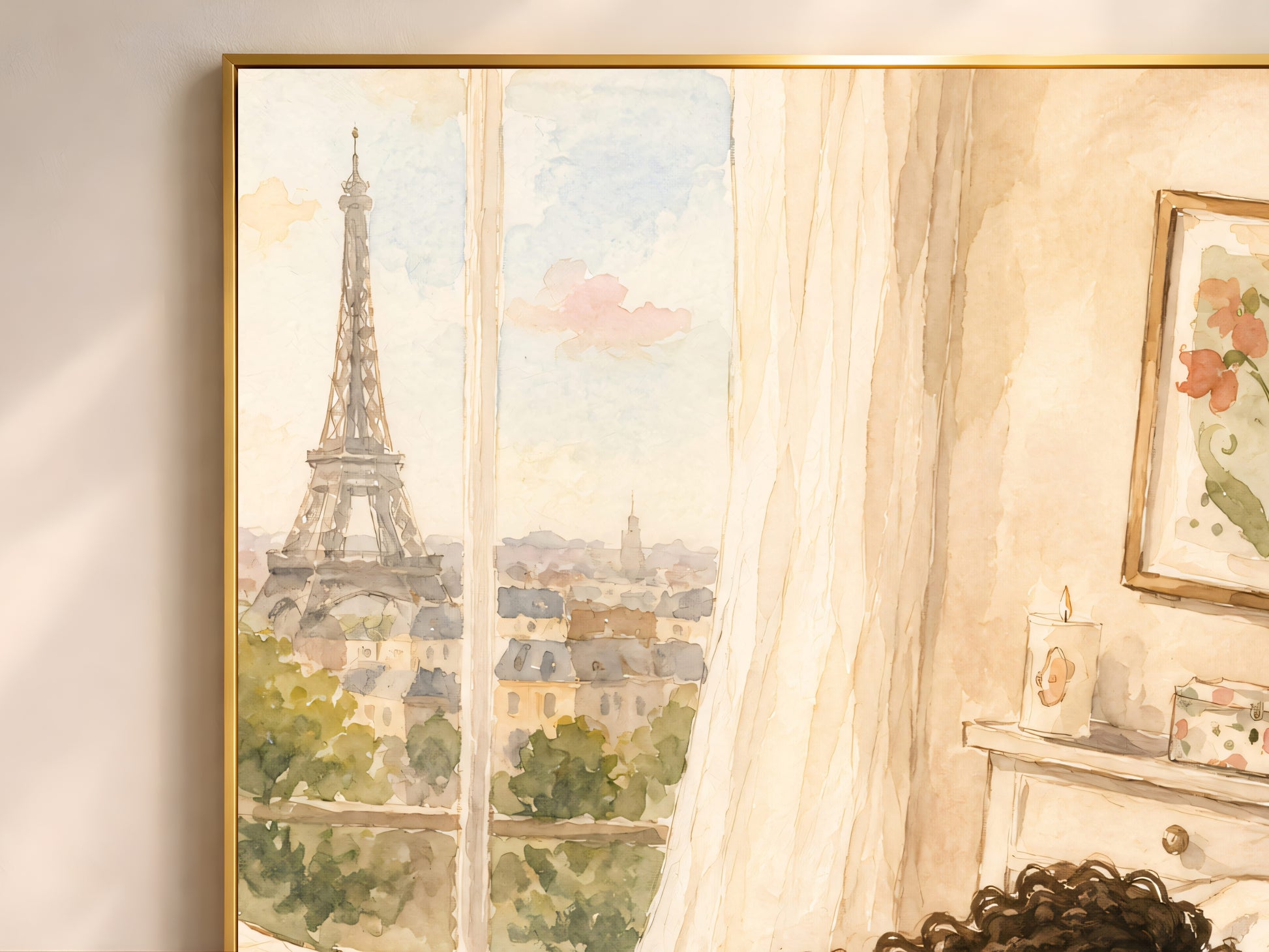 Framed Paris watercolor illustration print beside a sunlit curtained window