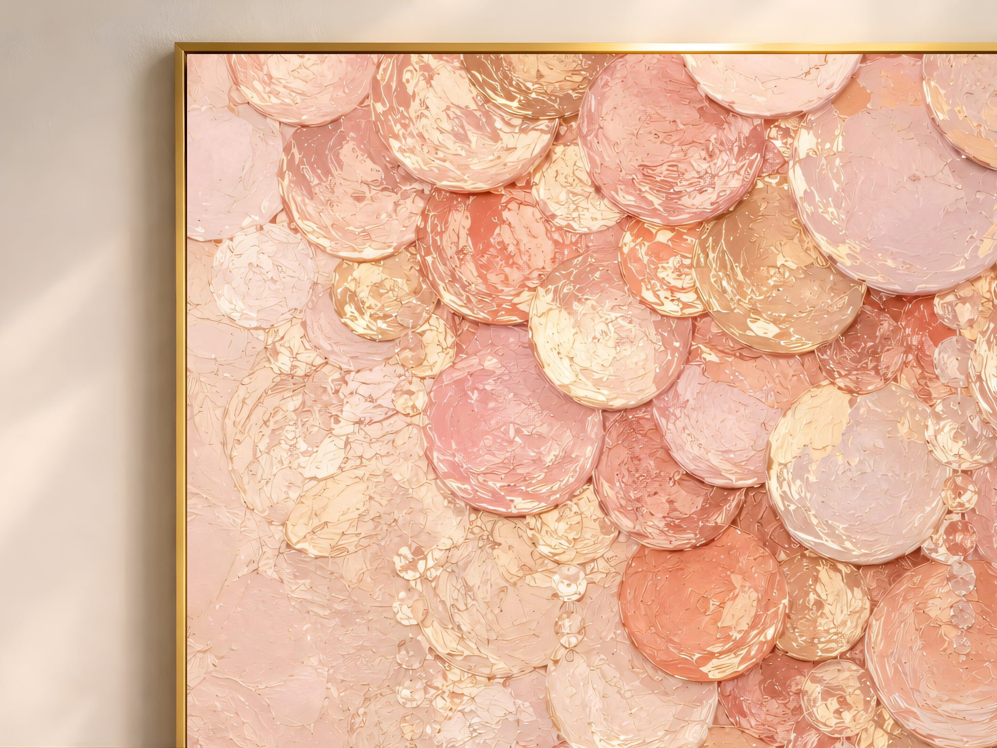 Close-up of blush pink capiz shell wall art showing iridescent pearl cascade texture

