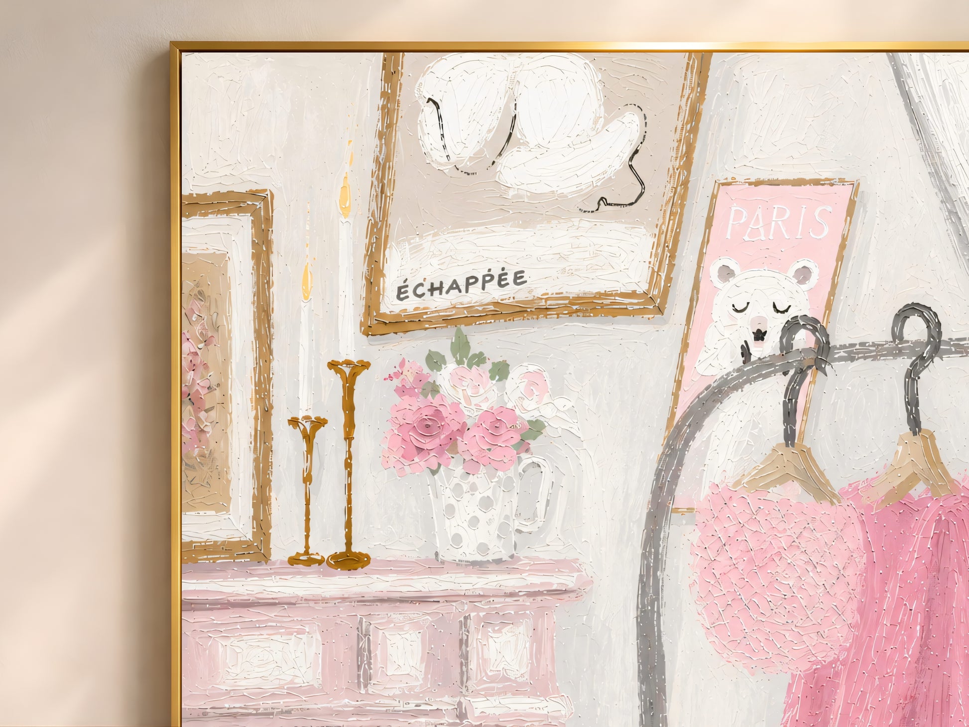 Close-up of pink Parisian illustration showing fireplace mantel, roses, and framed art details
