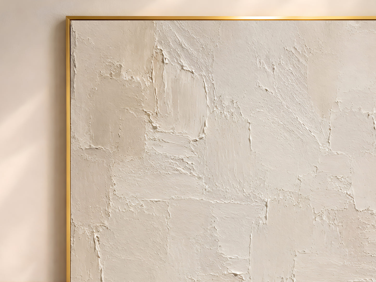 Close-up of impasto plaster texture in cream and taupe wabi sabi wall art print, visible palette knife brushstrokes
