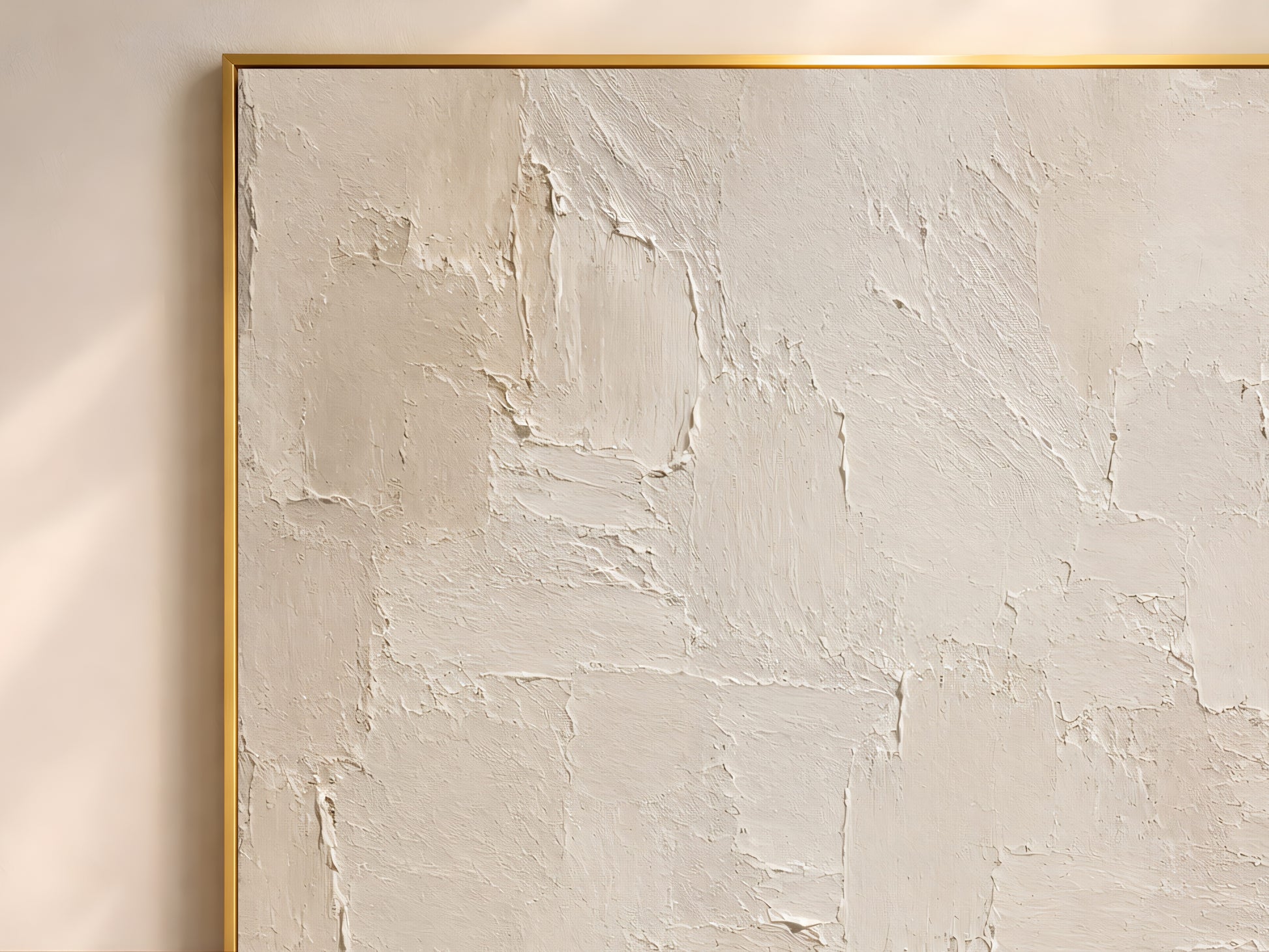 Close-up of impasto plaster texture in cream and taupe wabi sabi wall art print, visible palette knife brushstrokes
