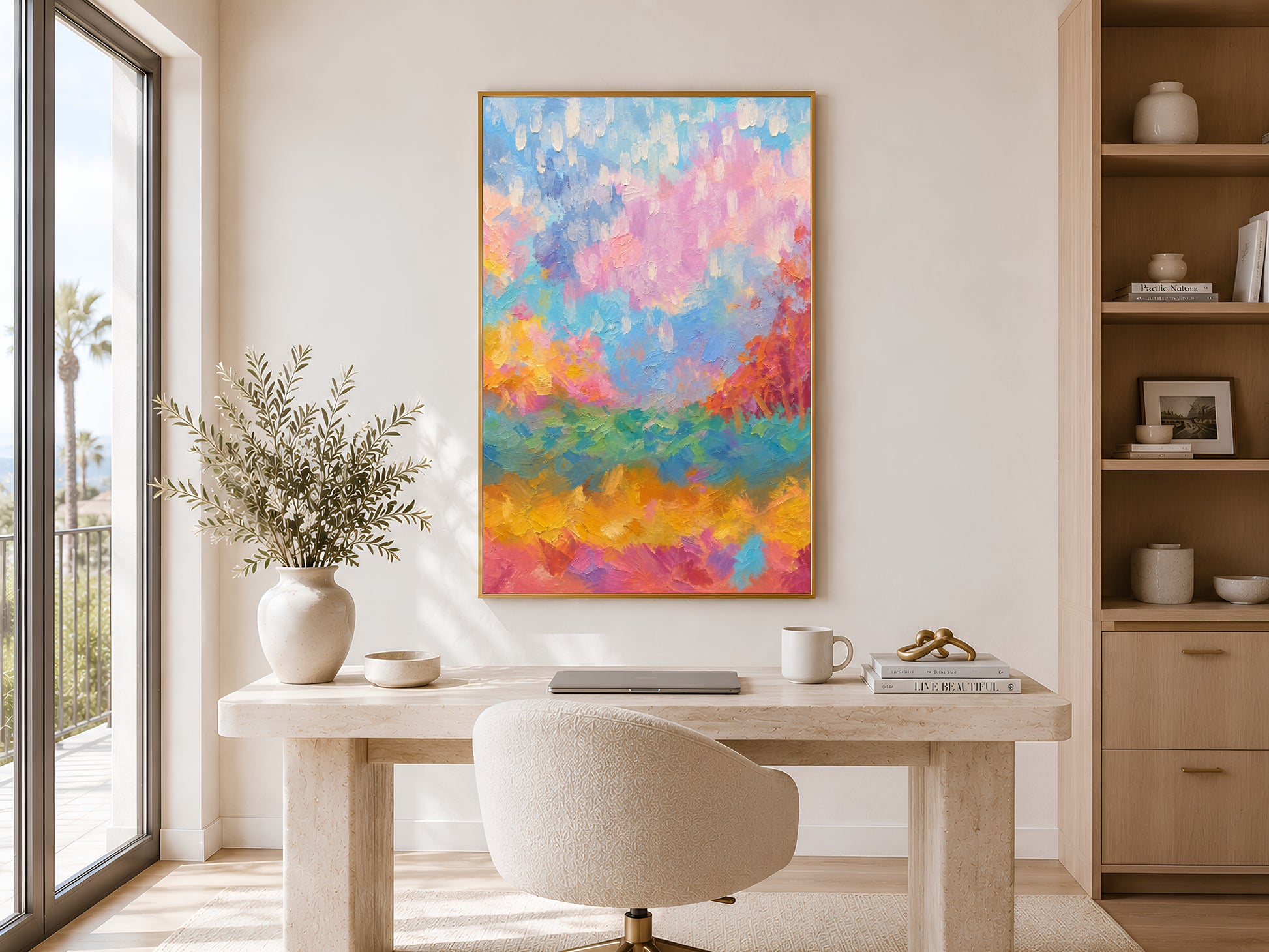 Rainbow abstract landscape wall art framed above home office desk with bookshelf and window
