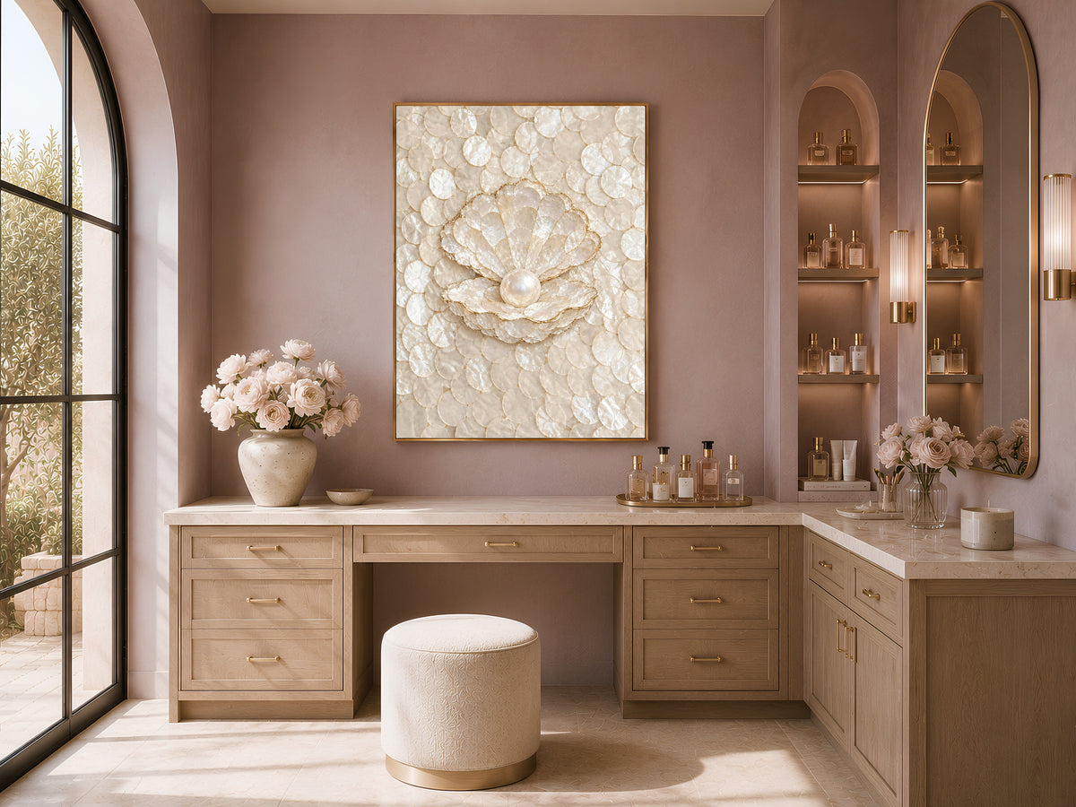 Conch Shell Mosaic Wall Art, Gold Line Seashell Print - Digital Download