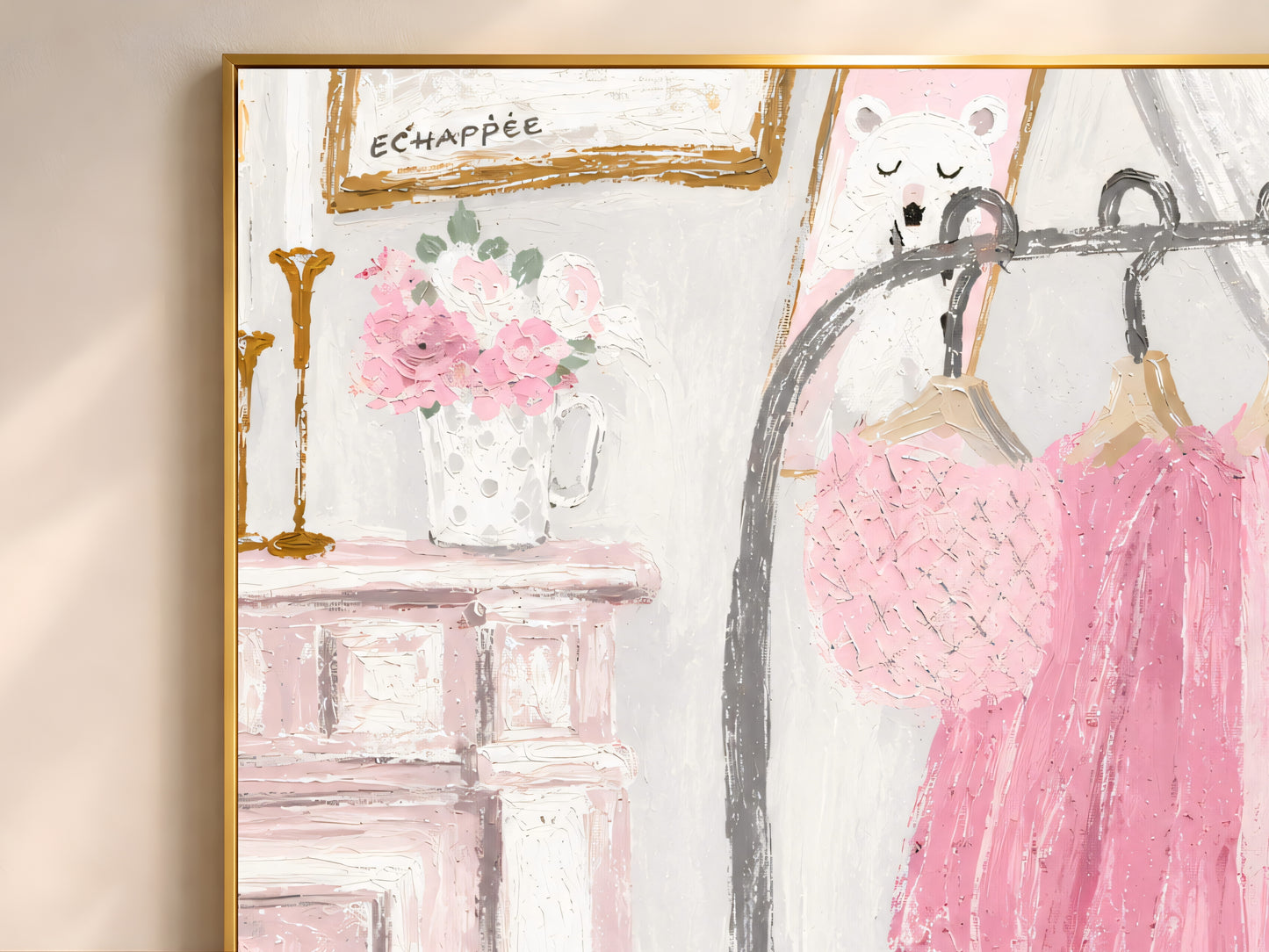 Close-up of pink dressing room painting detail, golden retriever art with cherry blossom and robes
