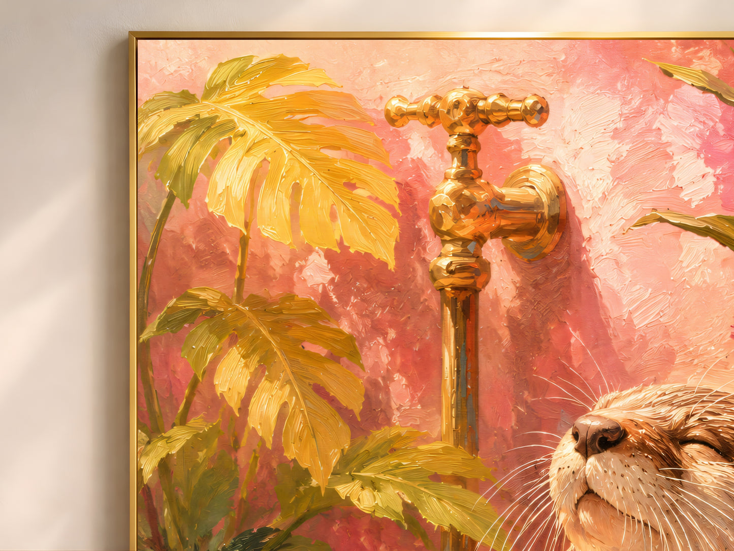 Close-up of otter in bathtub art print showing thick impasto brushstrokes, gold vintage faucet, palm fronds, and pink tropical florals
