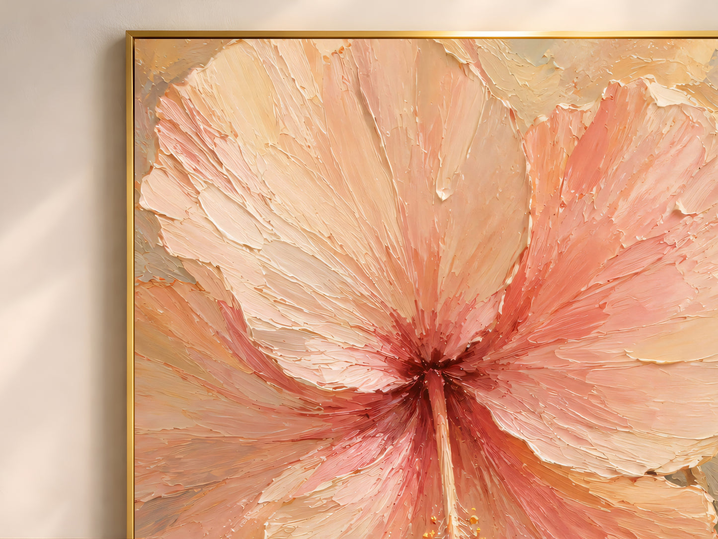 Close-up of a pastel hibiscus flower painting print showing impasto oil texture in a gold frame
