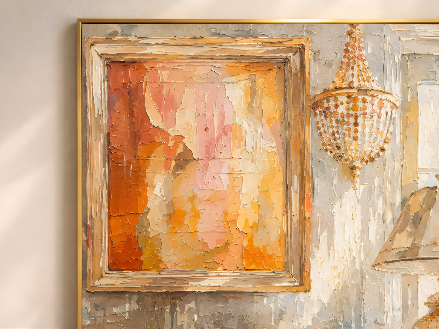 Close-up of terracotta abstract impasto wall art print in a distressed gold frame, showing thick palette-knife brushstroke texture
