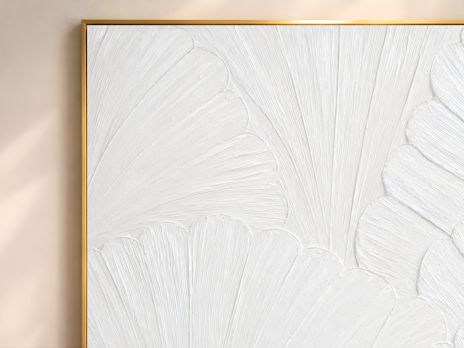 Close-up of thin gold frame edge on white scalloped mosaic print, showing impasto texture detail
