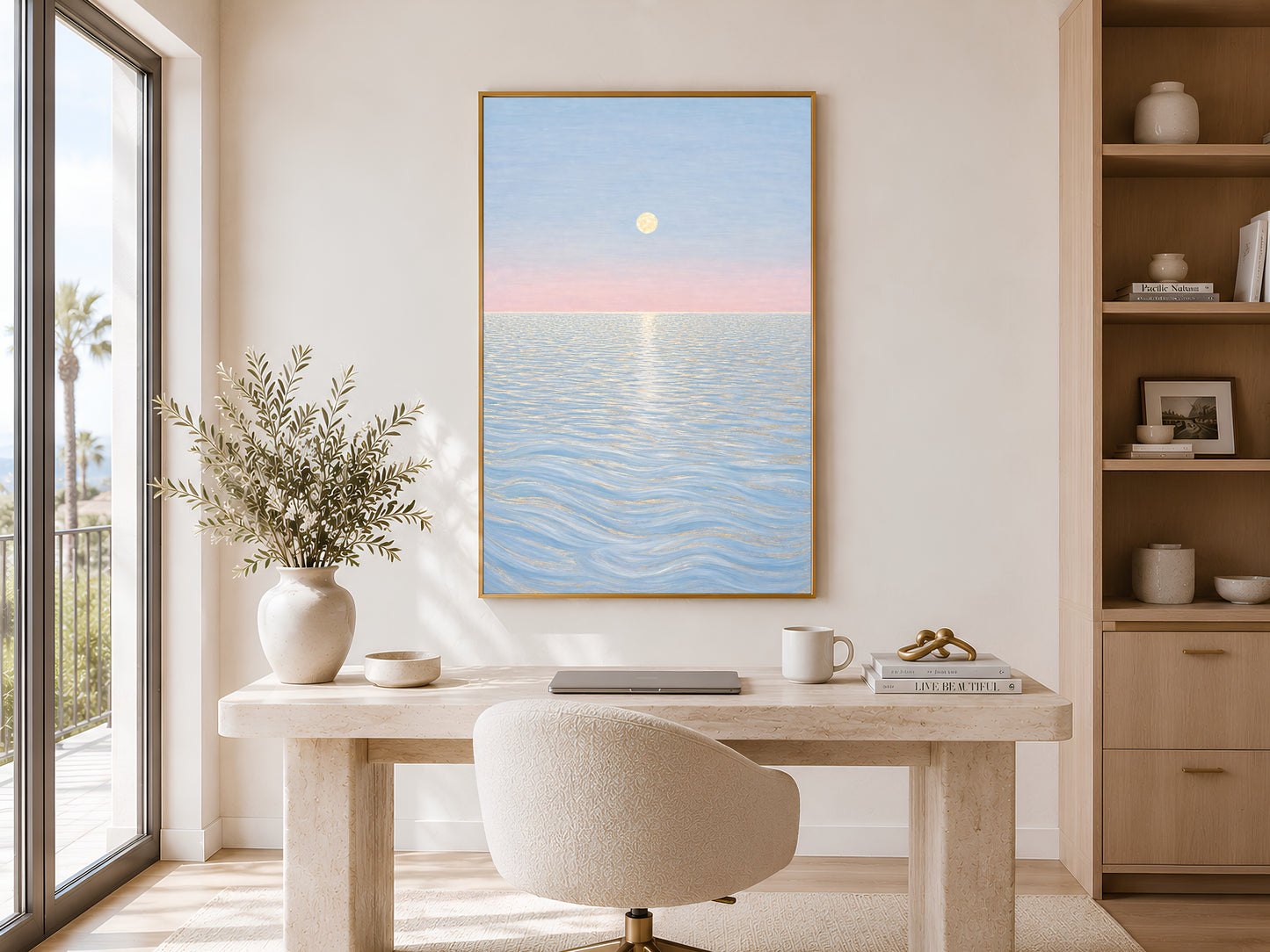 Pastel moon ocean wall art framed above home office desk with bookshelf and window
