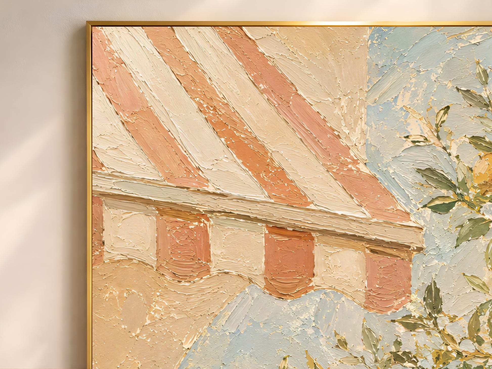 Close-up of impasto oil painting texture in Mediterranean terrace wall art, striped awning and sea view with visible palette knife brushstrokes
