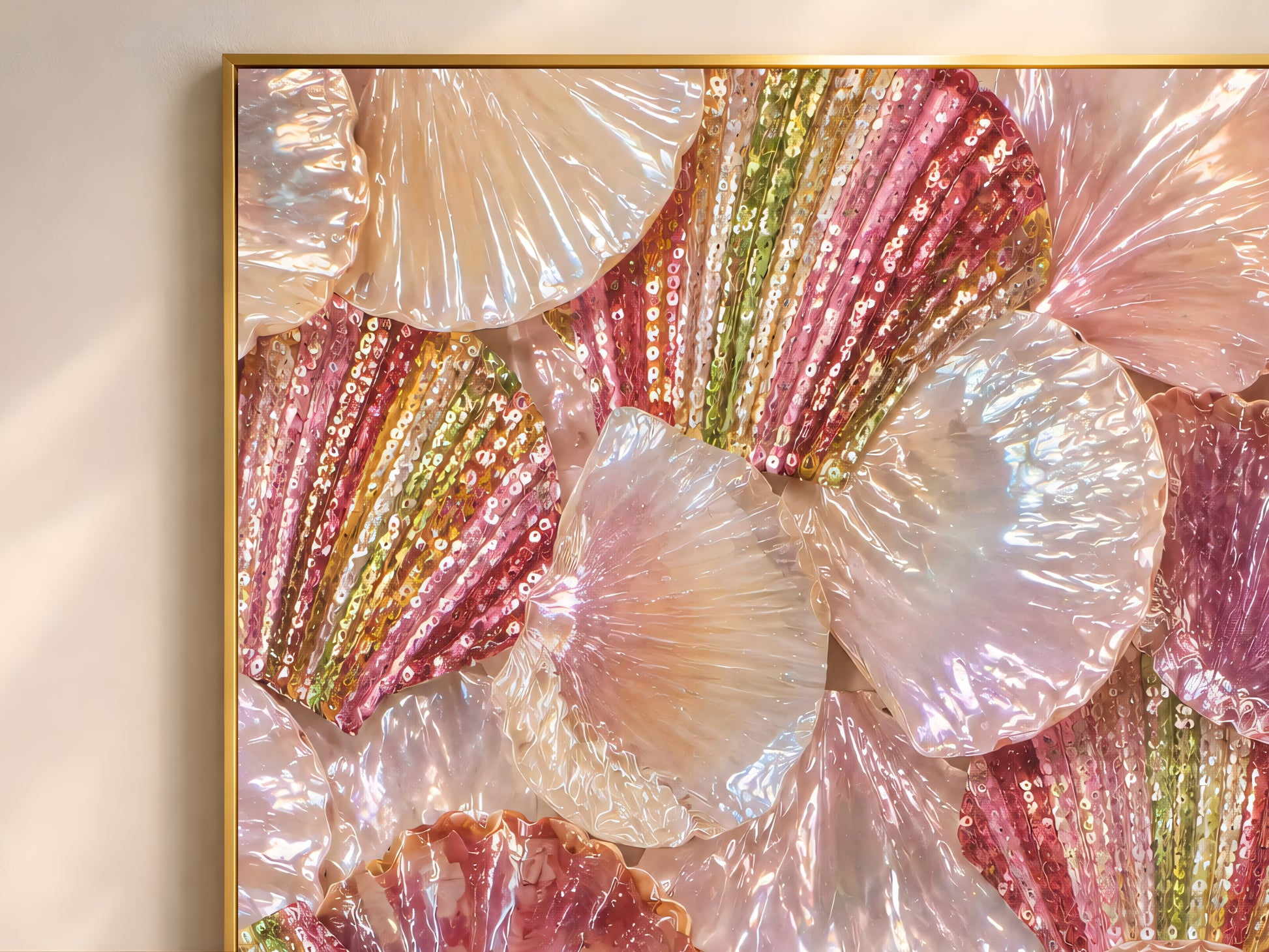 Close-up of iridescent shell wall art in a thin gold frame, glossy pearlescent seashell painting in pink and mauve