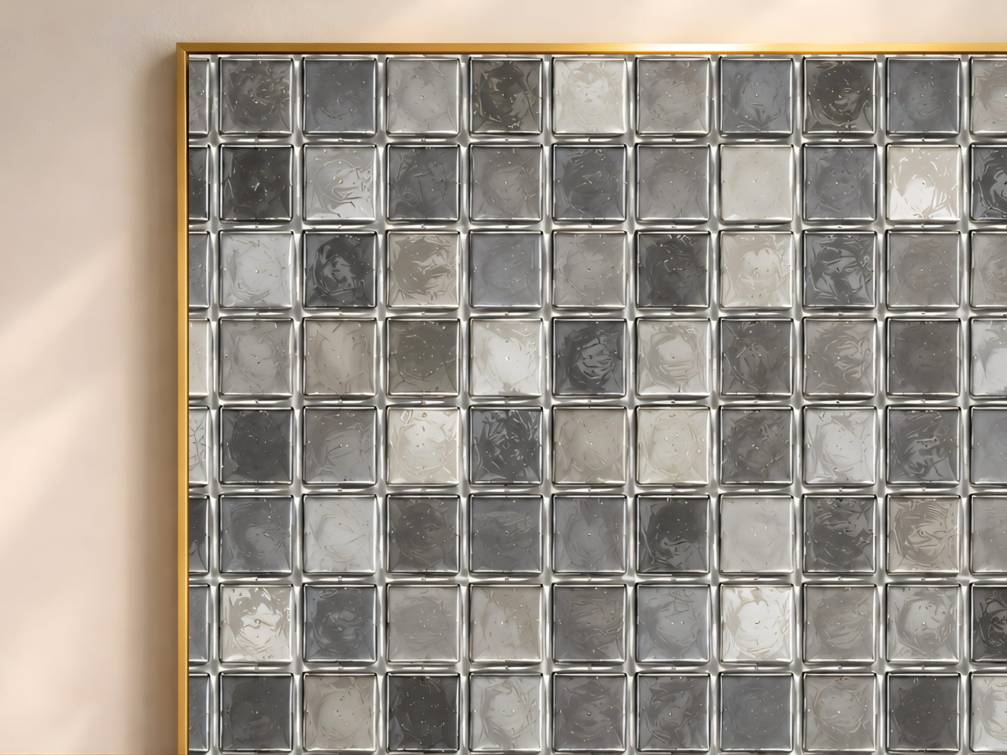 Close-up of silver and charcoal glass mosaic tile pattern wall art print in a thin gold frame
