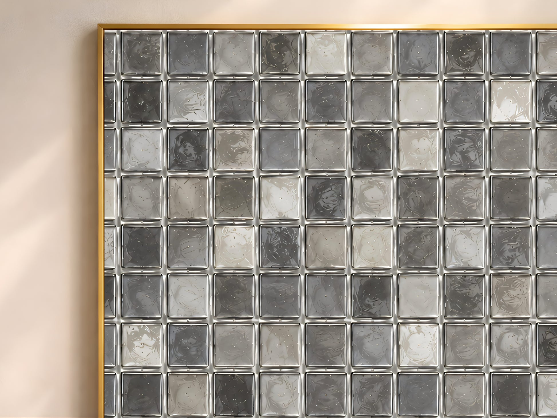 Close-up of silver and charcoal glass mosaic tile pattern wall art print in a thin gold frame
