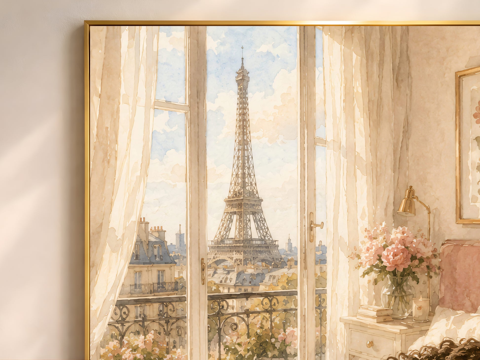 Framed French balcony illustration print displayed beside a sheer curtained window