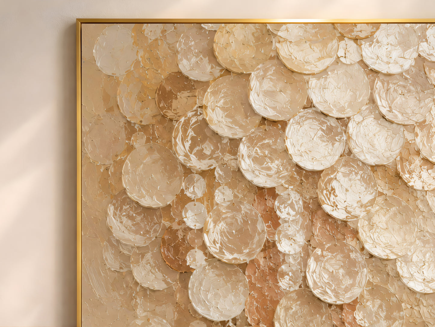 Close-up of cream capiz shell wall art showing iridescent cascading strand texture
