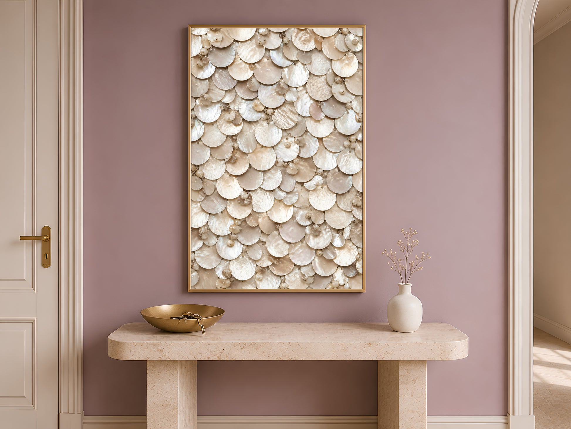Champagne pearl wall art framed above a console table in a warm entryway