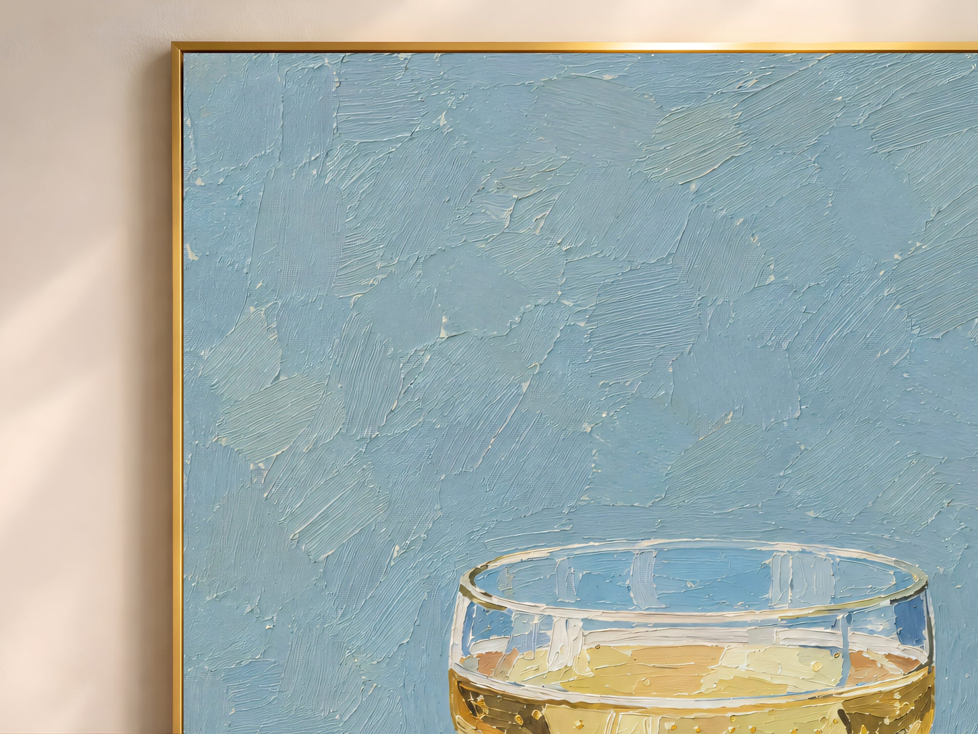 Close-up of impasto champagne coupe brushstrokes on dusty blue textured background
