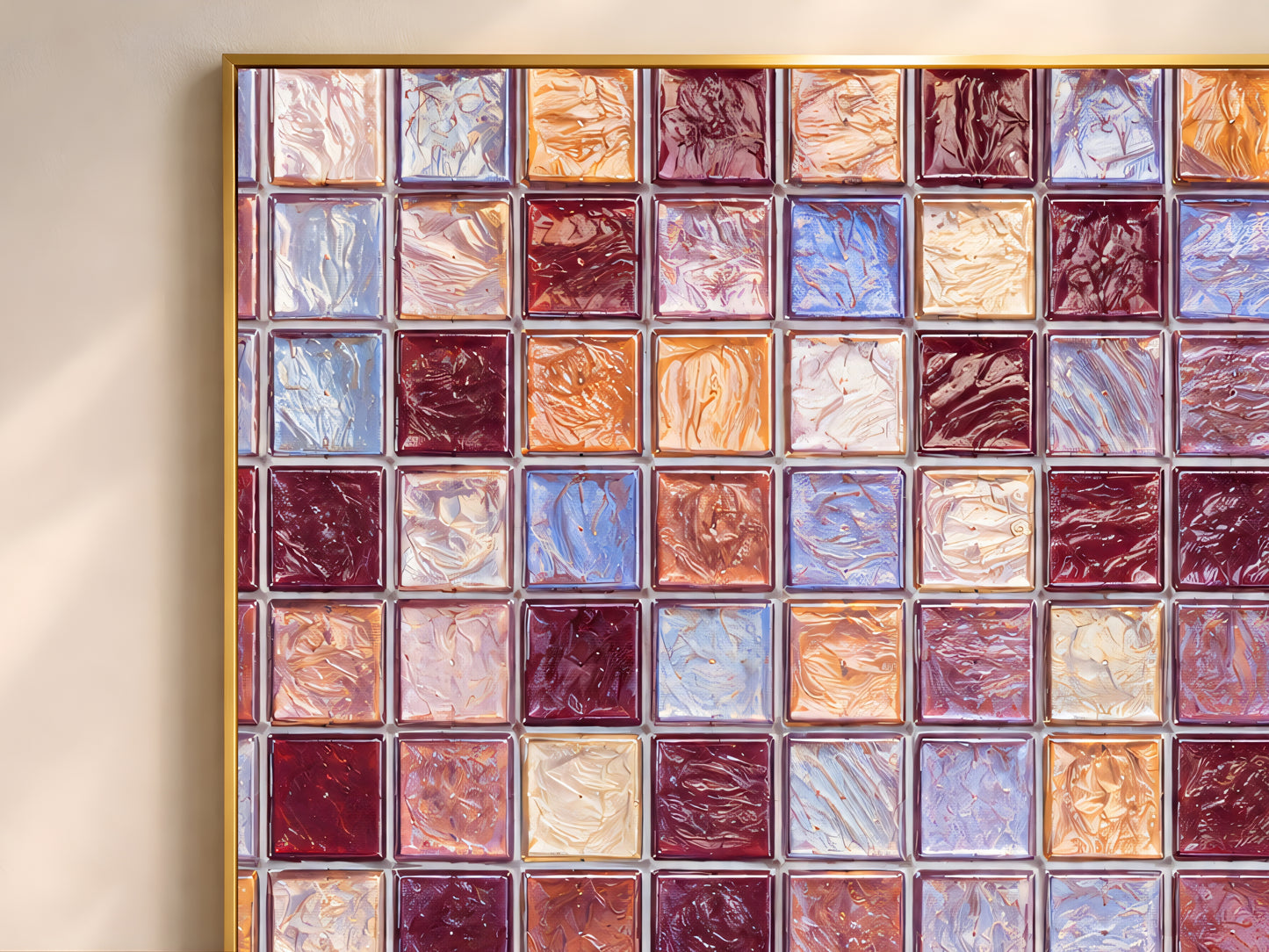 Close-up of an impasto mosaic tile print showing burgundy, periwinkle blue, amber, and cream glass-tile squares.
