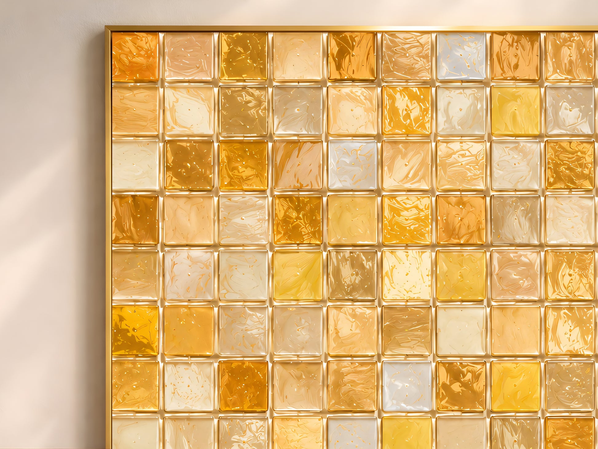 Close-up of amber and honey glass mosaic tile pattern wall art print, warm gold and cream tones
