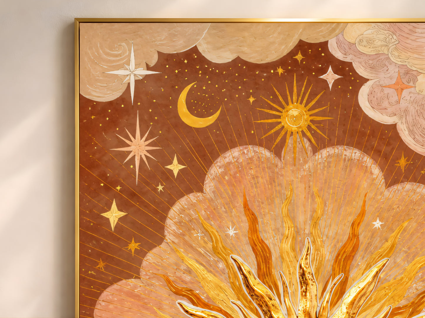 Close-up of The Sun tarot wall art, gold sunburst with clouds, moon, and stars in warm terracotta tones