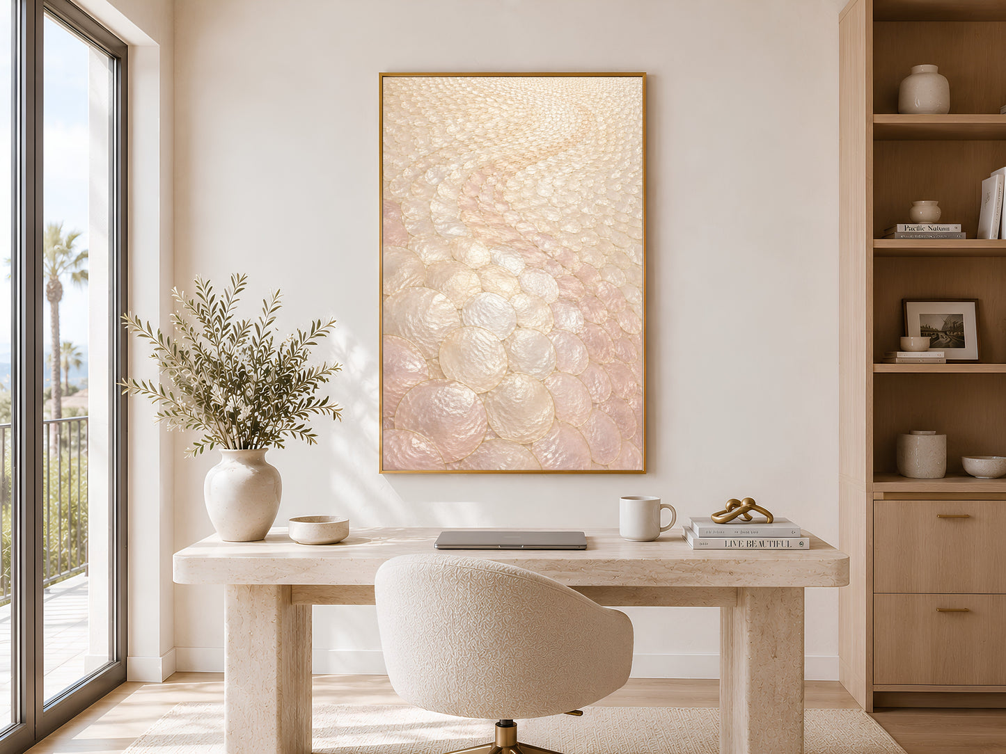 Blush capiz shell wall art framed above home office desk with bookshelf and window
