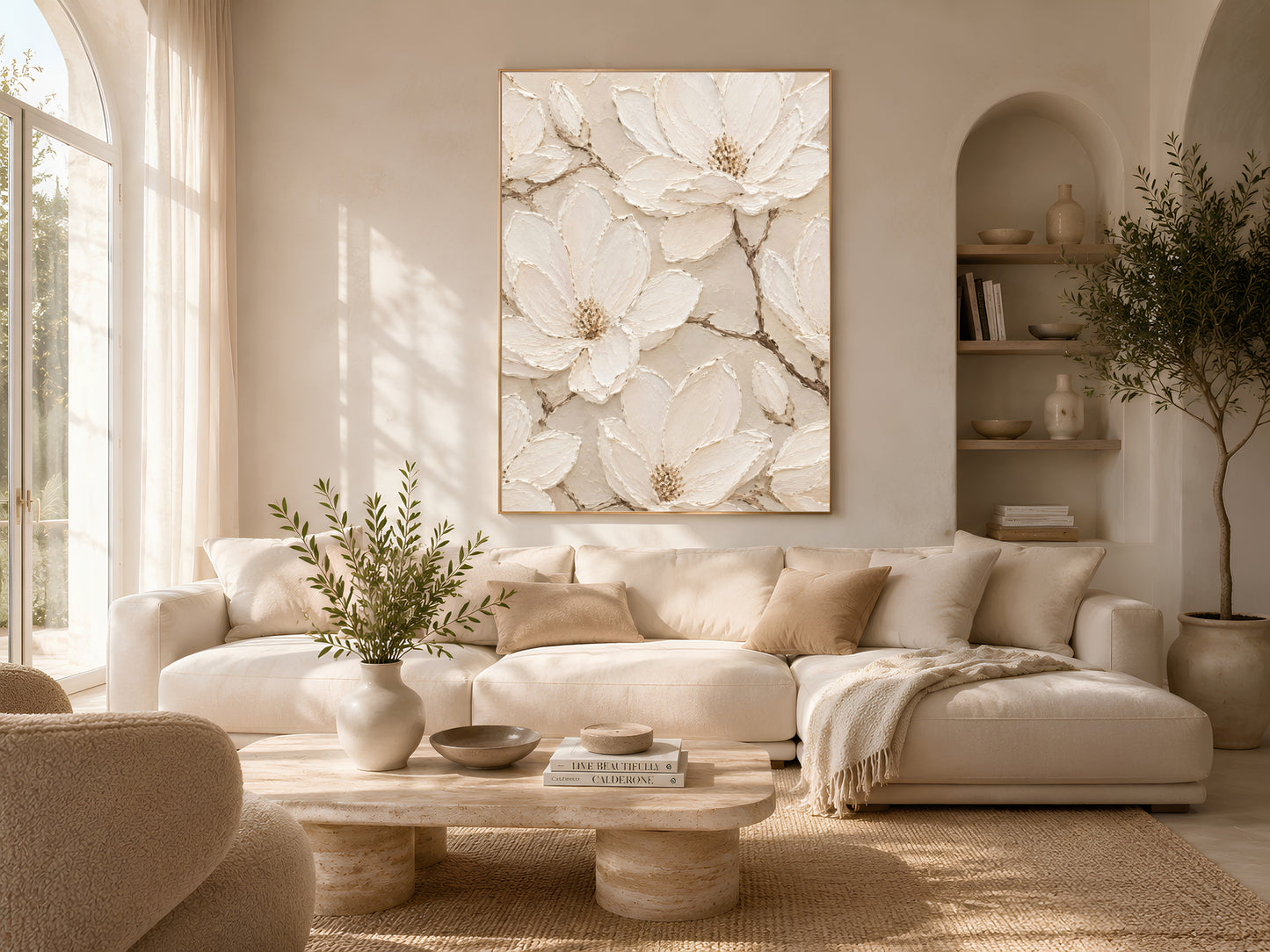 Ivory magnolia wall art above boucle sofa, quiet luxury living room decor